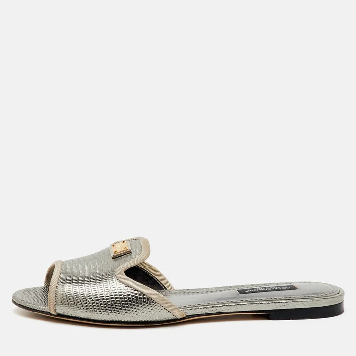 Dolce & Gabbana Silver Iguana Laminated Leather Flat Slide Sandals Size 36.5