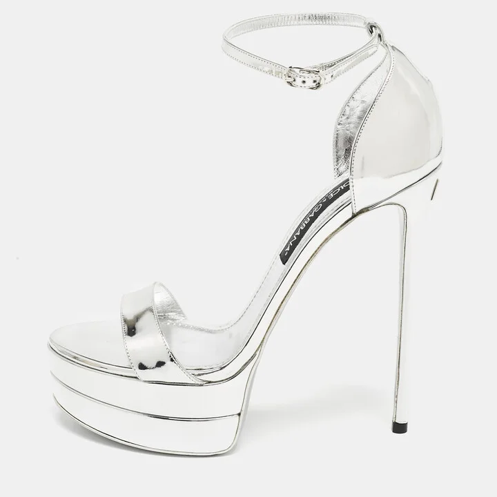 Dolce & Gabbana Silver Leather Double Platform Sandals Size 41