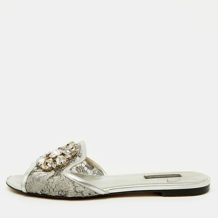 Dolce & Gabbana Silver Mesh and Leather Flat Slides Size 38