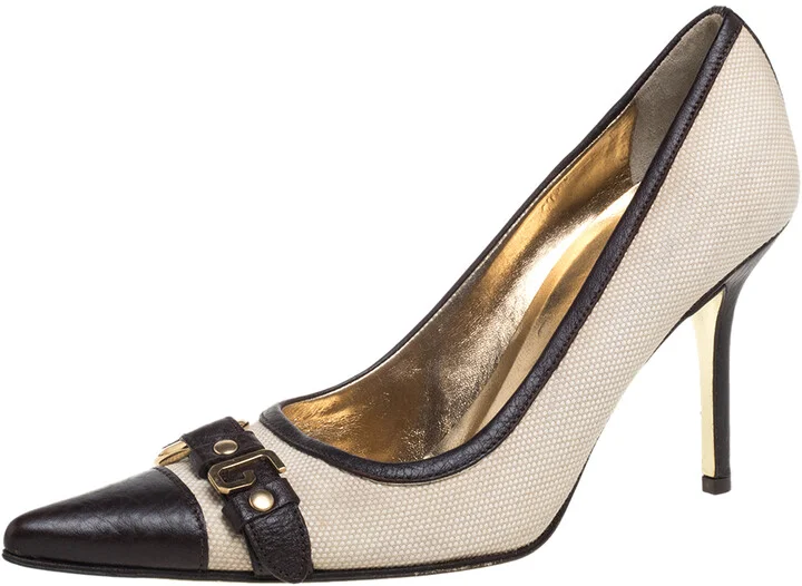 Dolce & Gabbana Vintage Beige/Brown Canvas And Leather Logo Embellished Cap Toe Pumps Size 38