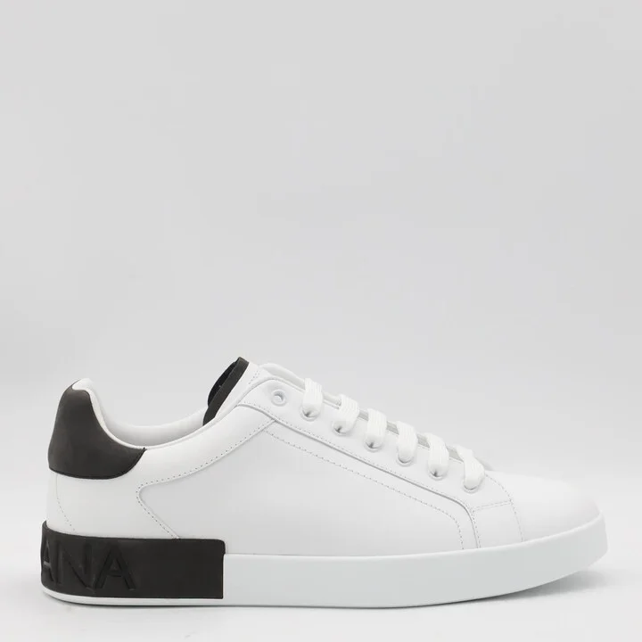 Dolce & Gabbana White And Black Leather Portofino Low Top Sneakers