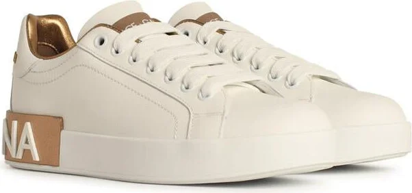 Dolce & Gabbana White And Gold Leather Portofino Sneakers - Image 2