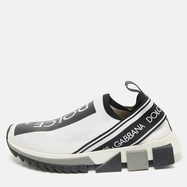 Dolce & Gabbana White/Black Knit Fabric Sorrento Slip On Sneakers Size 37