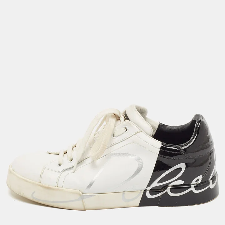 Dolce & Gabbana White/Black Leather and Patent Portofino Lace Up Sneakers Size 40