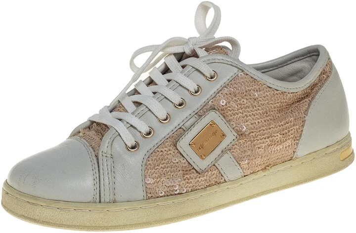 Dolce &Gabbana White/Brown Leather Sequin Embellished Sneakers Size 34