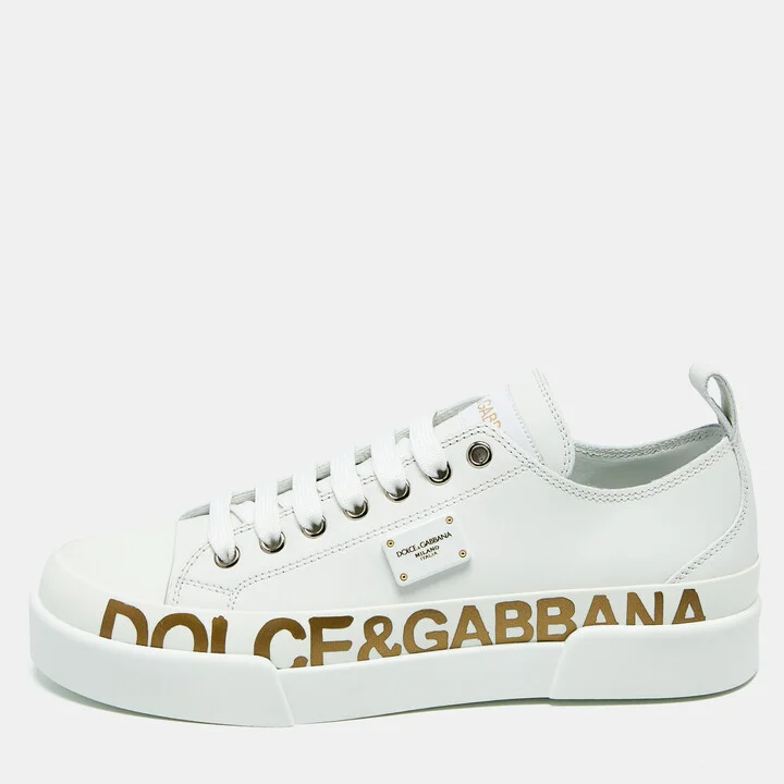 Dolce & Gabbana White/Gold Leather Portofino Low Top Sneakers Size 38