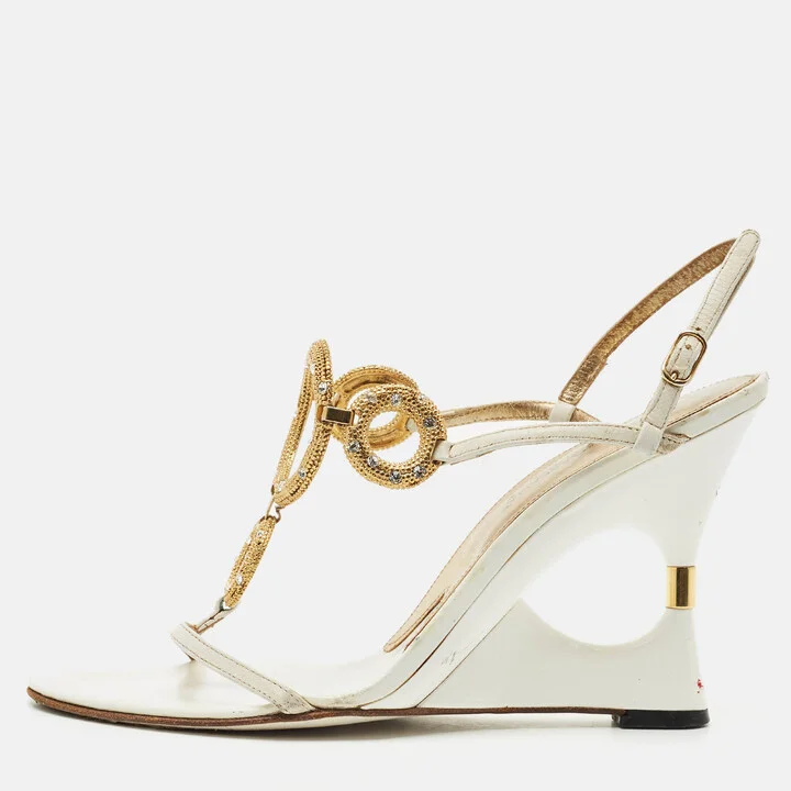 Dolce & Gabbana White Leather Crystal Embellished Wedge Sandals Size 38