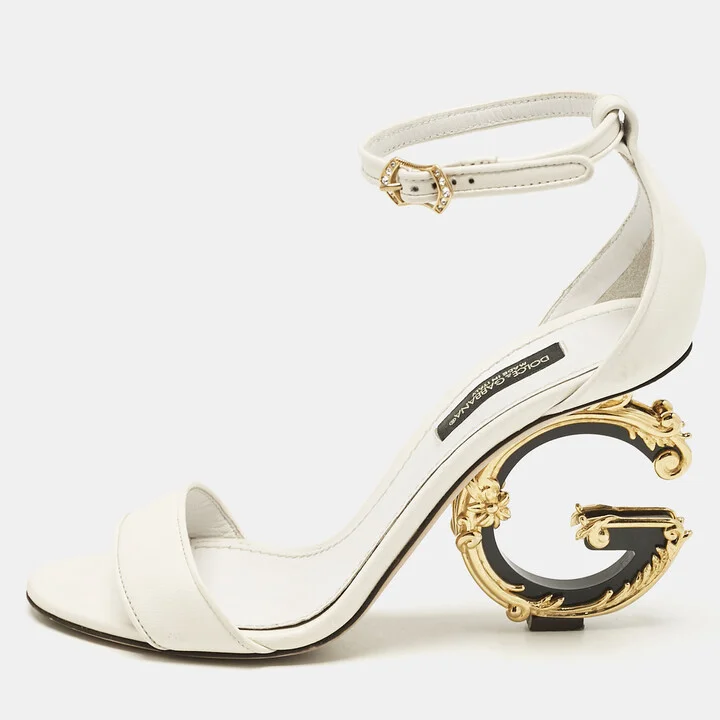Dolce & Gabbana White Leather Keira Baroque DG Heel Ankle Strap Sandals Size 35