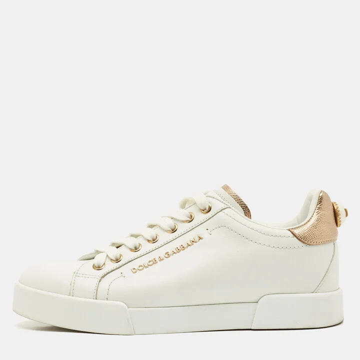 Dolce & Gabbana White Leather Pearl Embellished Portofino Sneakers Size 37