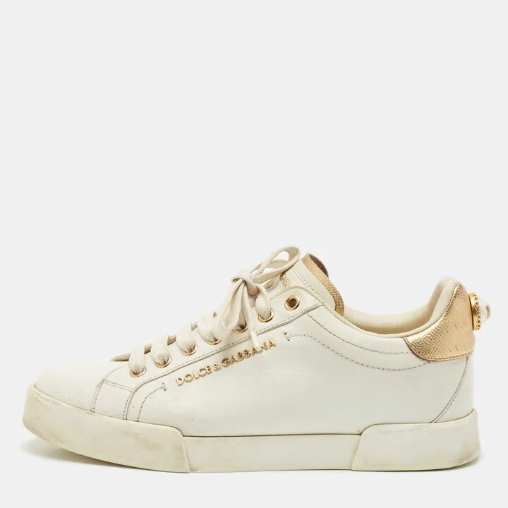 Dolce & Gabbana White Leather Pearl Embellished Portofino Sneakers Size 38