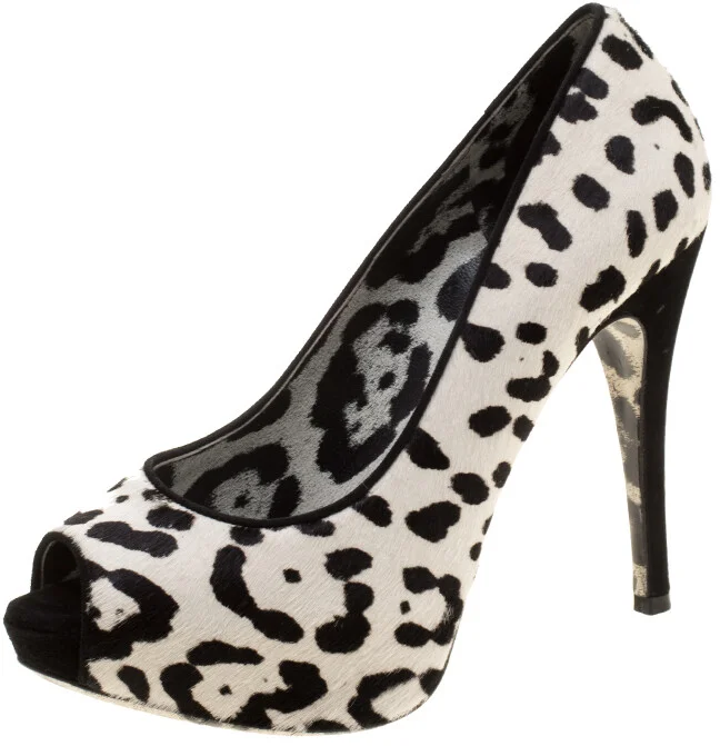 Dolce & Gabbana White Leopard Print Calfhair Peep Toe Platform Pumps Size 35.5