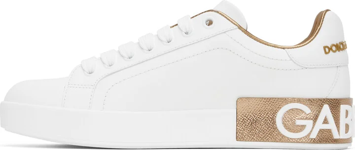 Dolce&Gabbana White & Rose Gold Calfskin Portofino Sneakers - Image 3