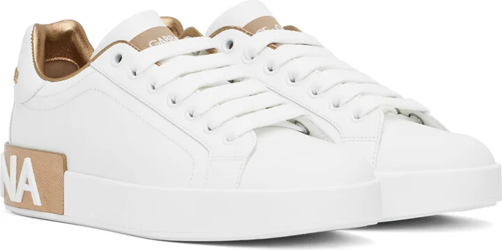 Dolce&Gabbana White & Rose Gold Calfskin Portofino Sneakers - Image 4