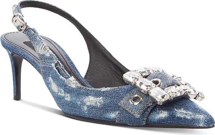 Dolce & Gabbana Women's Distressed Denim Kitten Heel Slingback Pumps
