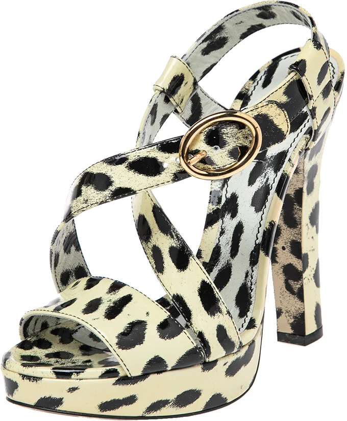 Dolce & Gabbana Yellow/Black Animal Print Patent Leather Cross Strap Platform Sandals Size 39