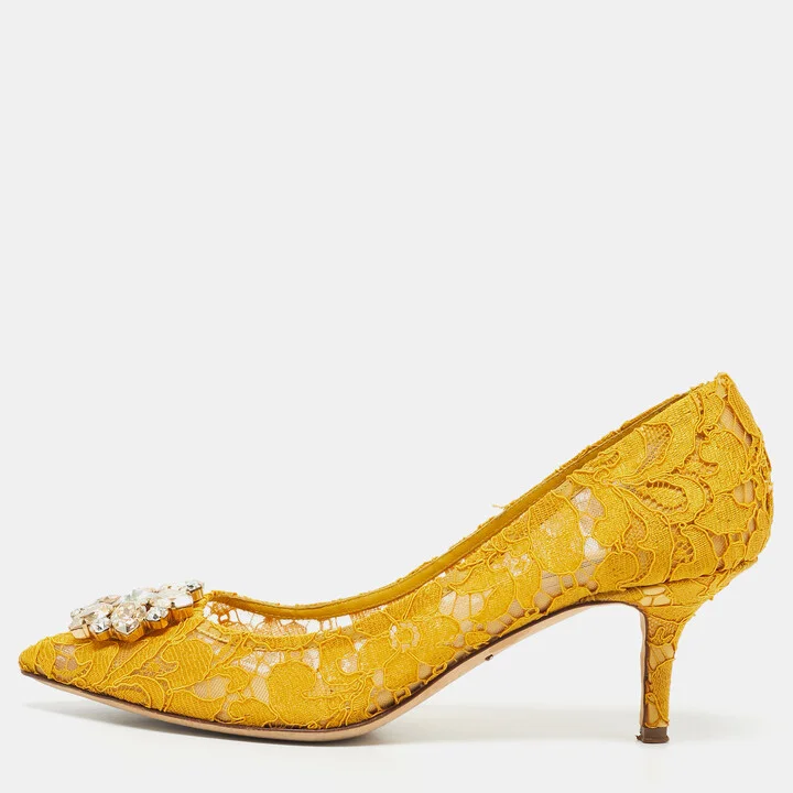 Dolce & Gabbana Yellow Lace and Mesh Bellucci Crystal Embellished Pointed Toe Pumps Size 40