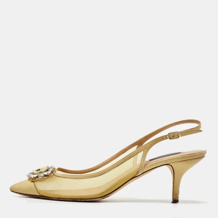 Dolce & Gabbana Yellow Mesh and Leather Crystal Embellished Slingback Pumps Size 39