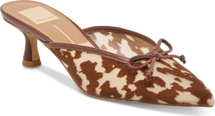 Dolce Vita Women's Cleo Bow Slip-On Kitten-Heel Mules - Cocoa Calf Velvet Mesh/Cow Print Multi