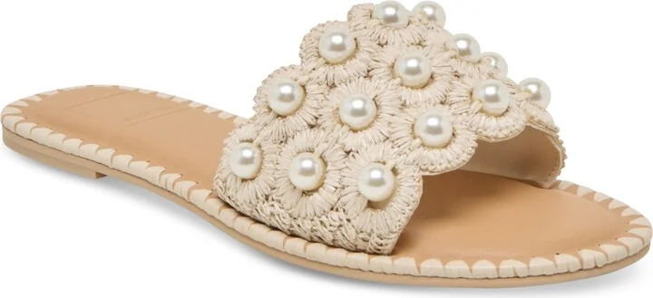 Dolce Vita Women's Harlyn Pearl Woven Raffia Slide Flat Sandals