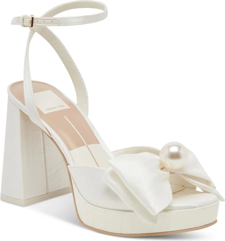 Dolce Vita Women's Patton Wide Width Two-Piece Pearl Bow Satin Heeled Dress Sandals