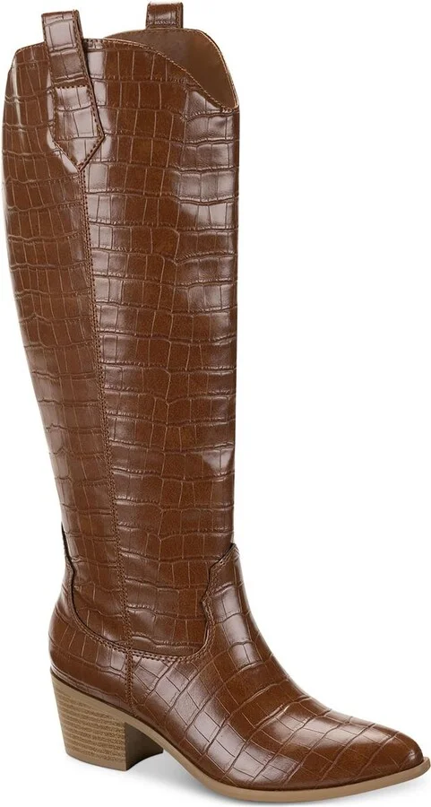 Dollyy Womens Croc Texture Block Heel Knee-High Boots