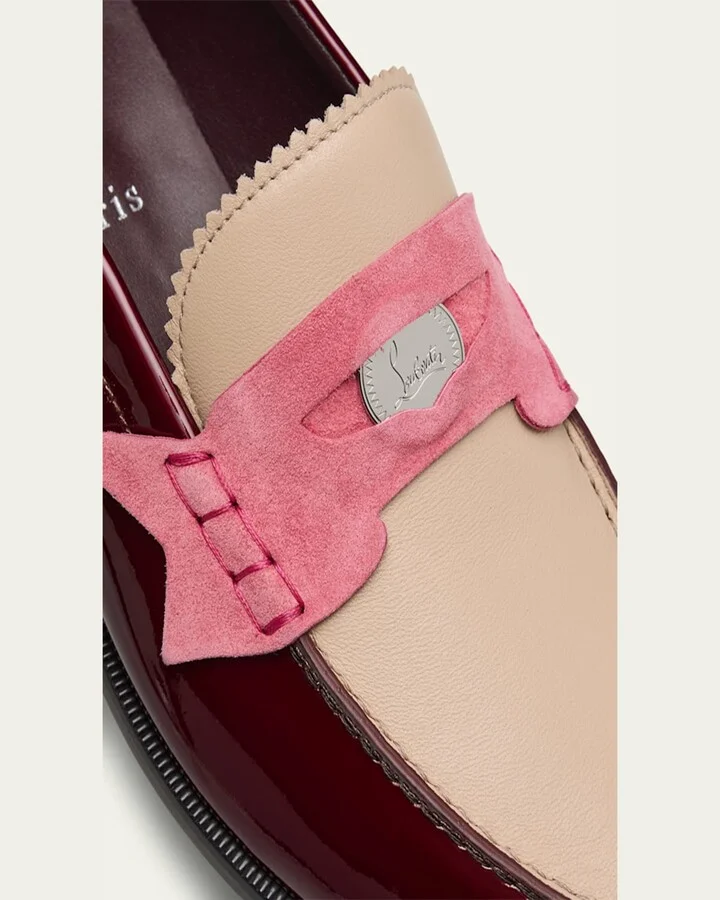 Donna Colorblock Mixed Leather Red Sole Penny Loafers - Image 6