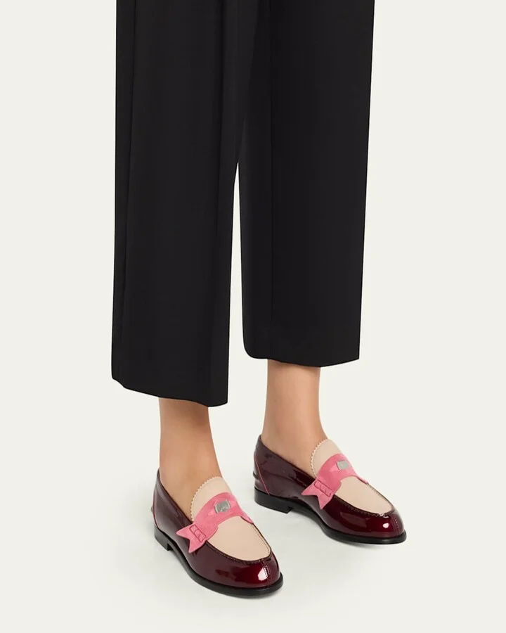 Donna Colorblock Mixed Leather Red Sole Penny Loafers - Image 8