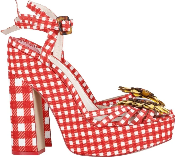 Doris Leather-Trim Gingham Platform Sandals in Red Cotton