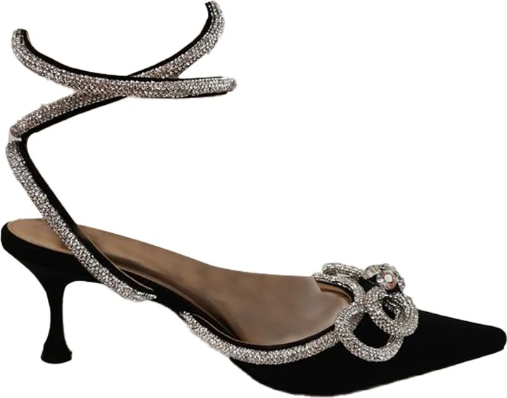 Double Bow 65mm Crystal-Embellished Pumps in Black Satin
