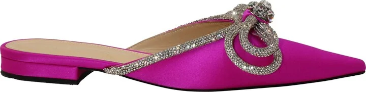 Double Bow Crystal-Embellished Slippers in Pink Satin