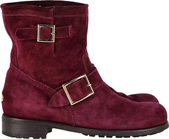 Double-Buckle Detail Ankle Boots in Burgundy Suede