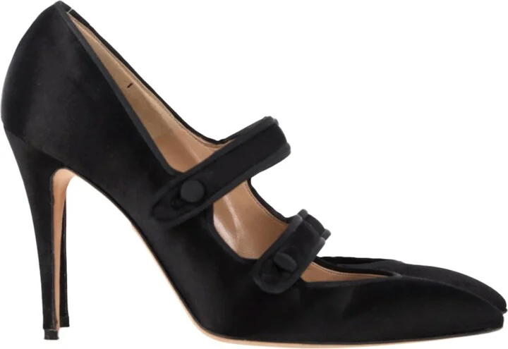 Double Strap Mary Jane Pumps in Black Satin