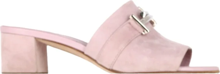 Double T Buckle Slide Sandals in Pink Suede