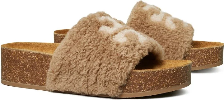 Double T Genuine Shearling Platform Slide Sandal