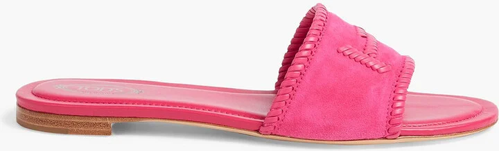 Double T whipstitched suede slides