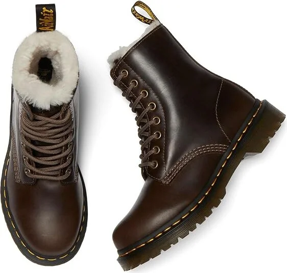 Dr. Martens 1460 Serena Faux Fur Lined Lace-Up Boots Women's Boots Dark Khaki : UK 8 (US Women's 10) M, Leather - Image 2