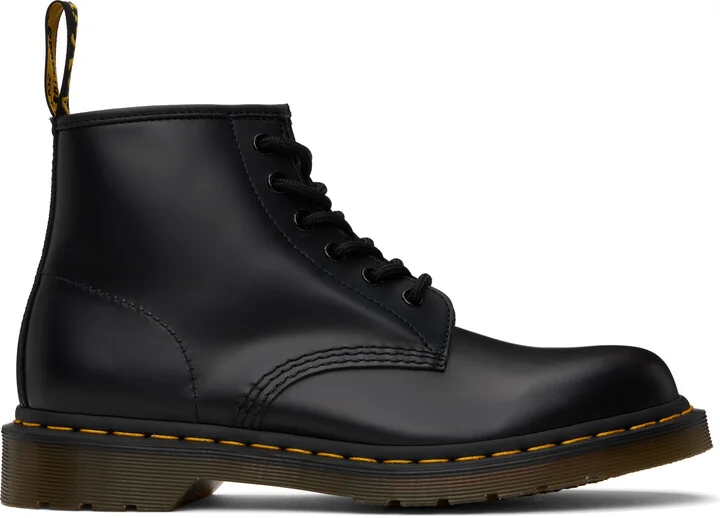 Dr. Martens Black 101 Yellow Stitch Smooth Leather Ankle Boots