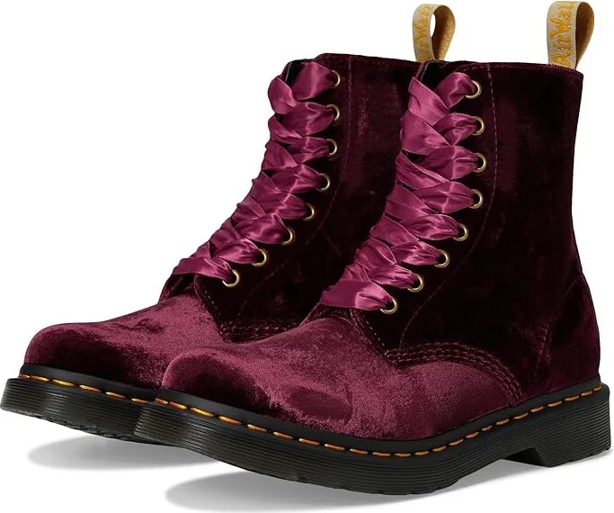 Dr. Martens Vegan 1460 Pascal Velvet Lace-Up Boots Women's Boots Cherry Red : UK 4 (US Women's 6) M, Synthetic