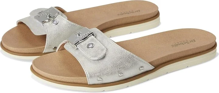 Dr. Scholl's Nice Iconic Flat Sandal Women's Sandals Metallic Silver Grey : 7.5 M, Faux Leather