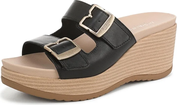 Dr. Scholl's Womens Cali Breeze Wedge Sandal Black Smooth 6.5 M