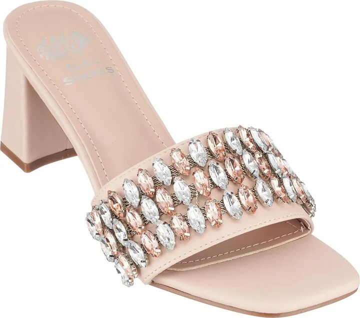 Drais Womens Rhinestone Faux Leather Slide Sandals