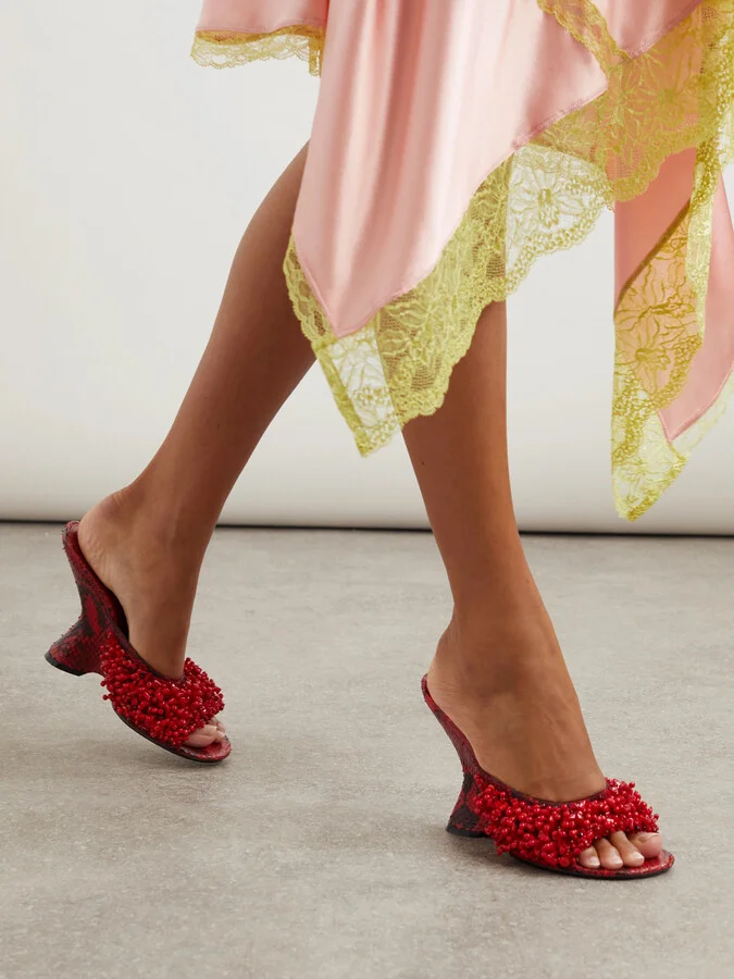 Dries Van Noten - Bead-embellished Snake-effect Leather Wedge Mules - Red - Image 2
