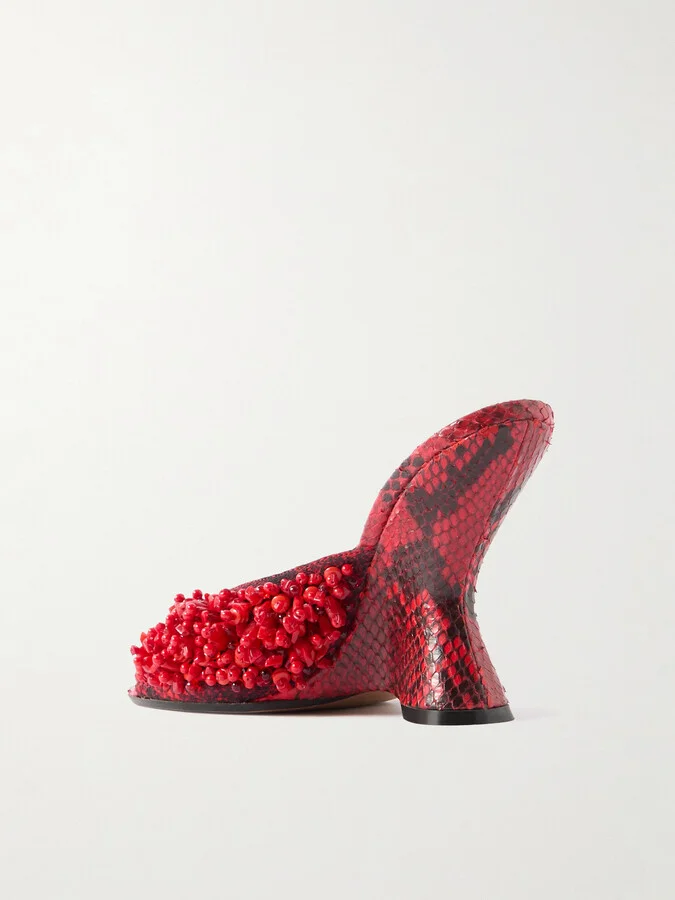Dries Van Noten - Bead-embellished Snake-effect Leather Wedge Mules - Red - Image 3
