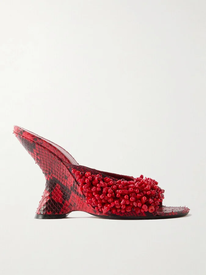 Dries Van Noten - Bead-embellished Snake-effect Leather Wedge Mules - Red