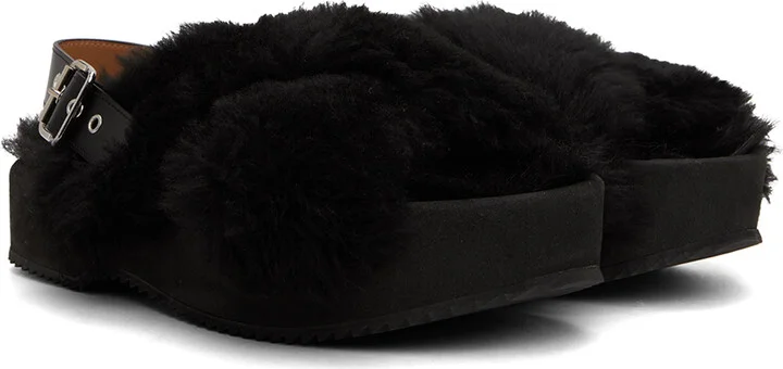 Dries Van Noten Black Fur Platform Sandals - Image 4