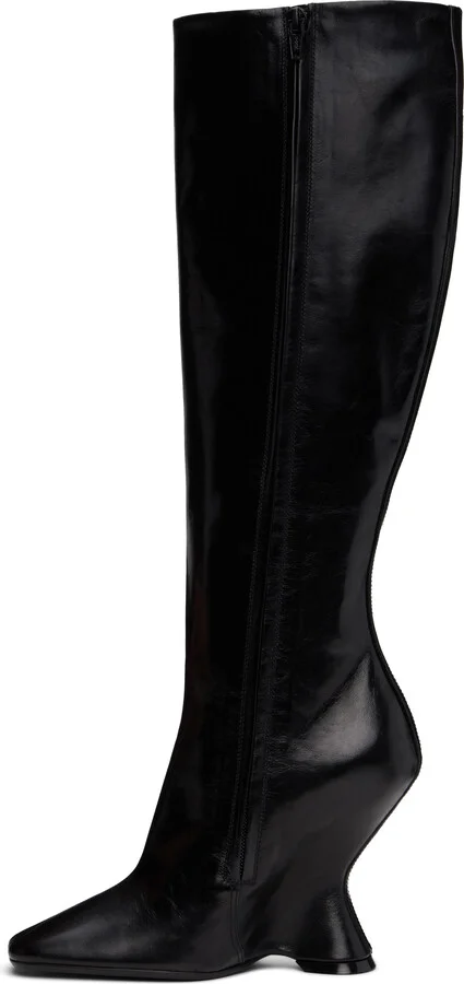 Dries Van Noten Black Leather Wedge Tall Boots - Image 3