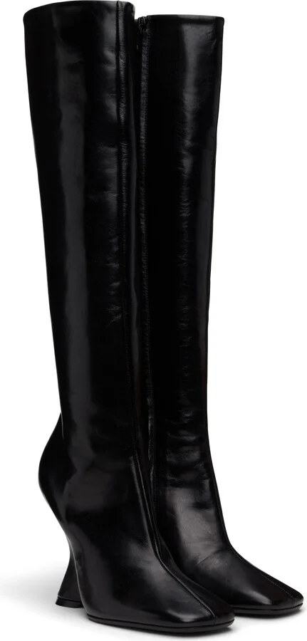 Dries Van Noten Black Leather Wedge Tall Boots - Image 4