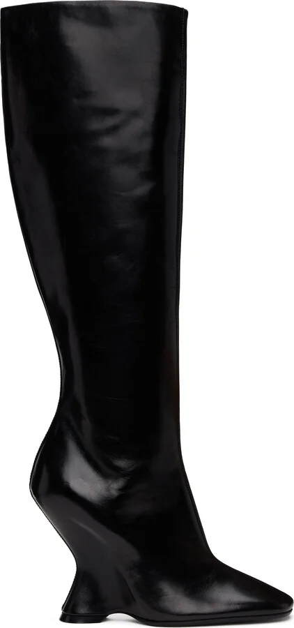 Dries Van Noten Black Leather Wedge Tall Boots
