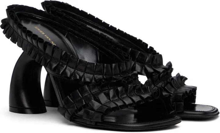 Dries Van Noten Black Ruffled Leather Heeled Sandals - Image 4