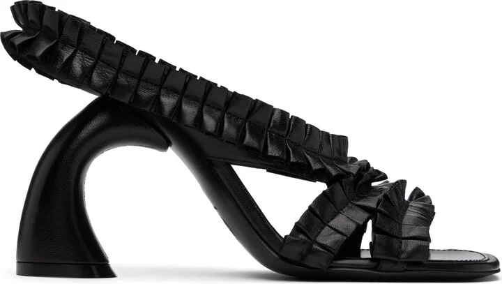 Dries Van Noten Black Ruffled Leather Heeled Sandals